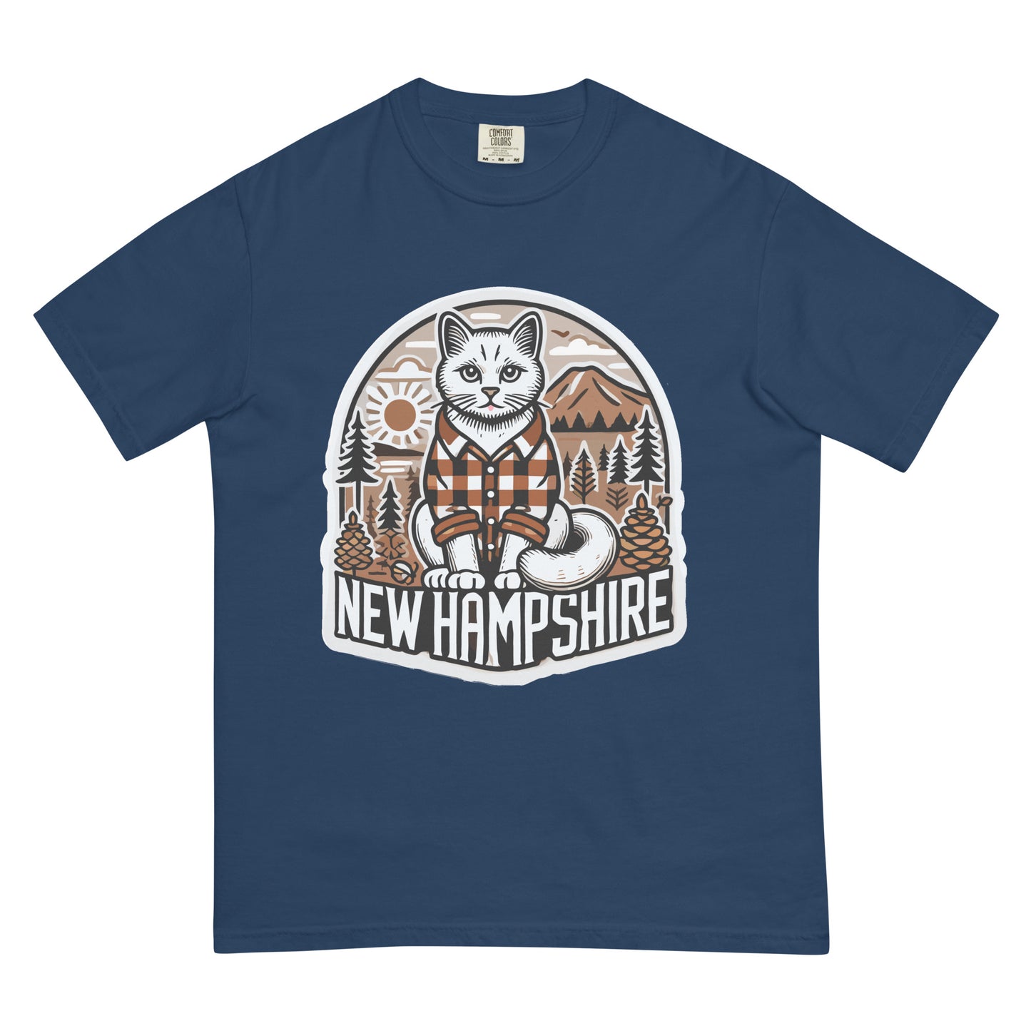 Blue New Hampshire cat t-shirt with a white cat in a plaid shirt and mountain forest background