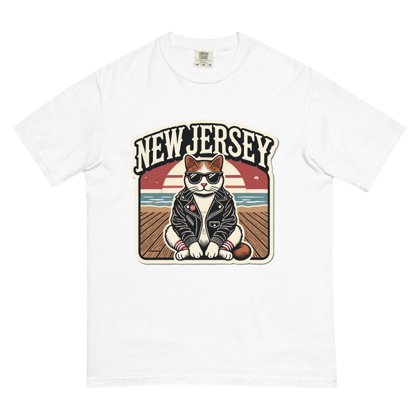 White New Jersey cat t-shirt with cool cat wearing sunglasses and leather jacket design