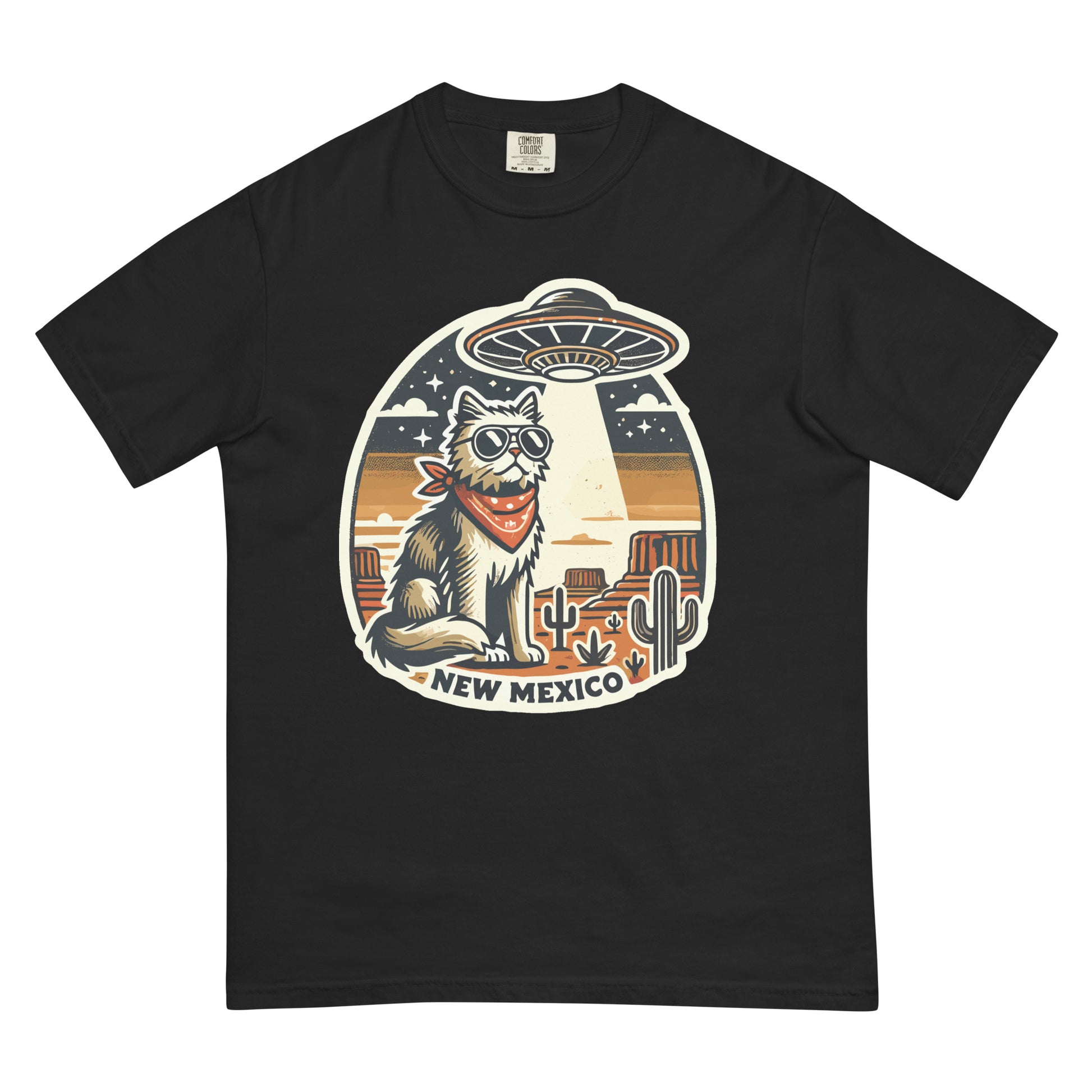 Black meowrica New Mexico cat t-shirt featuring a cool cat with sunglasses and bandana under a UFO in desert scene