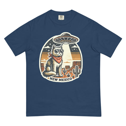 New Mexico cat t-shirt with a cool cat wearing sunglasses and a bandana under a UFO in desert scene