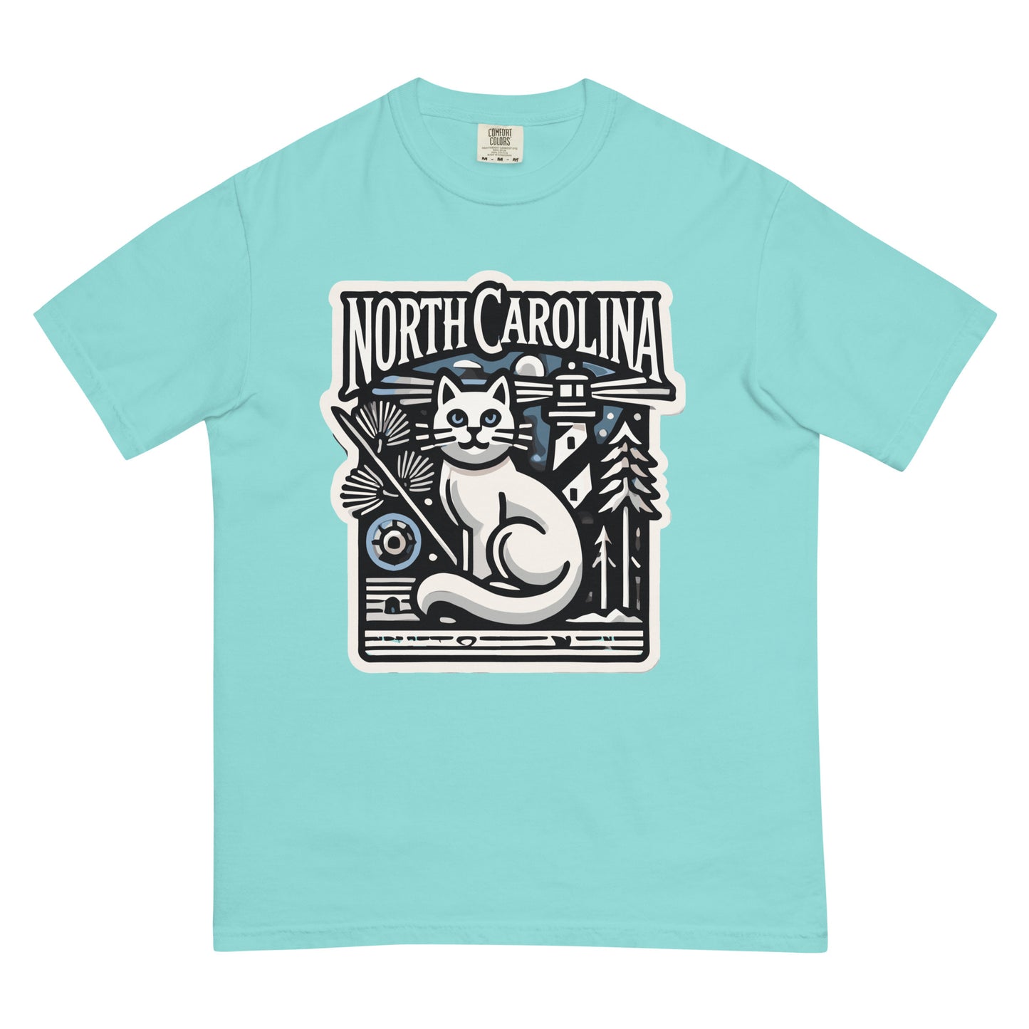 meowrica North Carolina cat shirt with white cat and lighthouse graphic on light blue tee
