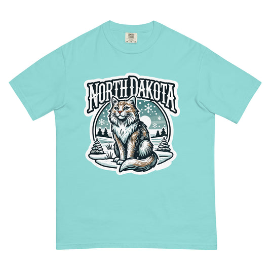 Light blue North Dakota cat t-shirt featuring a detailed cat illustration with snowy landscape background
