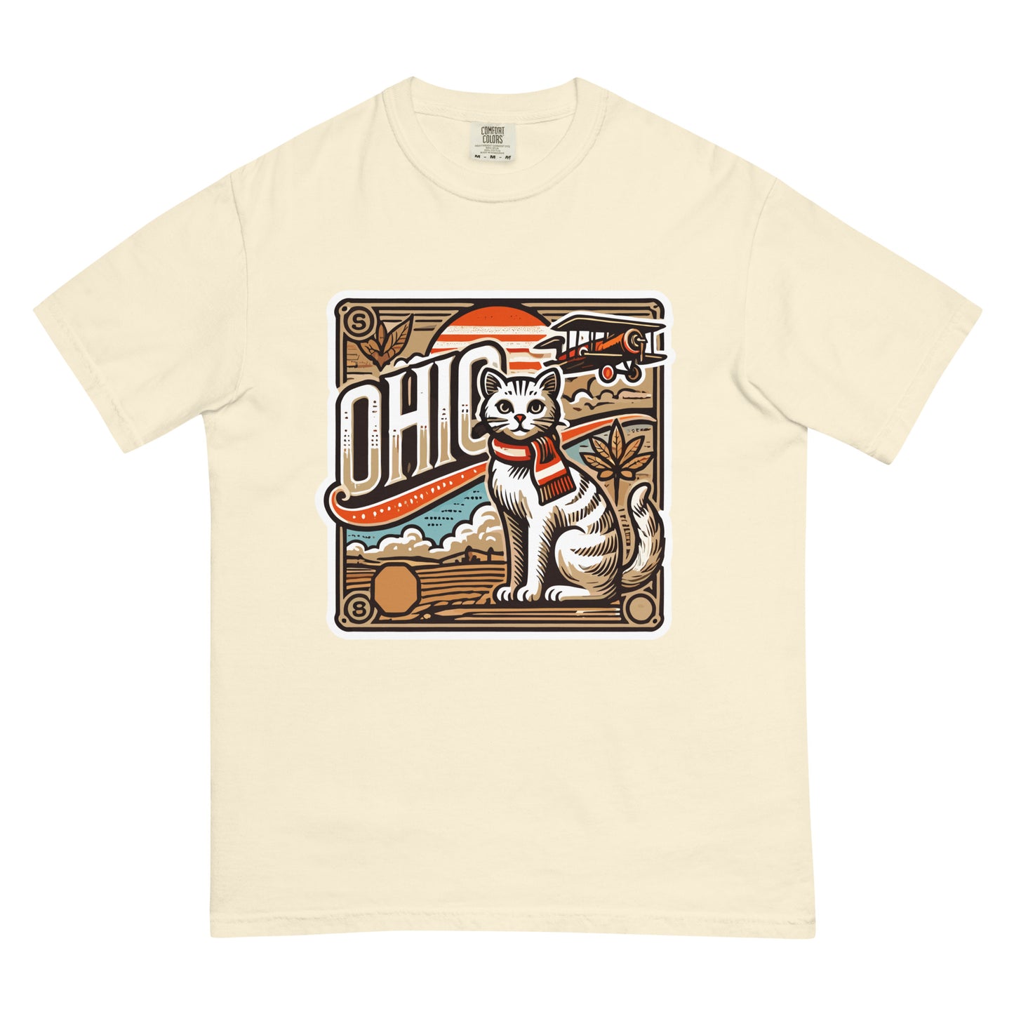 Cream-colored Ohio cat t-shirt featuring a vintage style cat with scarf and airplane design
