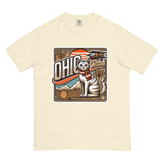 Cream-colored Ohio cat t-shirt featuring a vintage style cat with scarf and airplane design