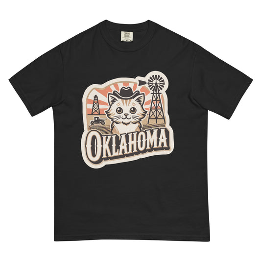 Black Oklahoma cat t-shirt with cute cat wearing cowboy hat and Oklahoma oil rigs design