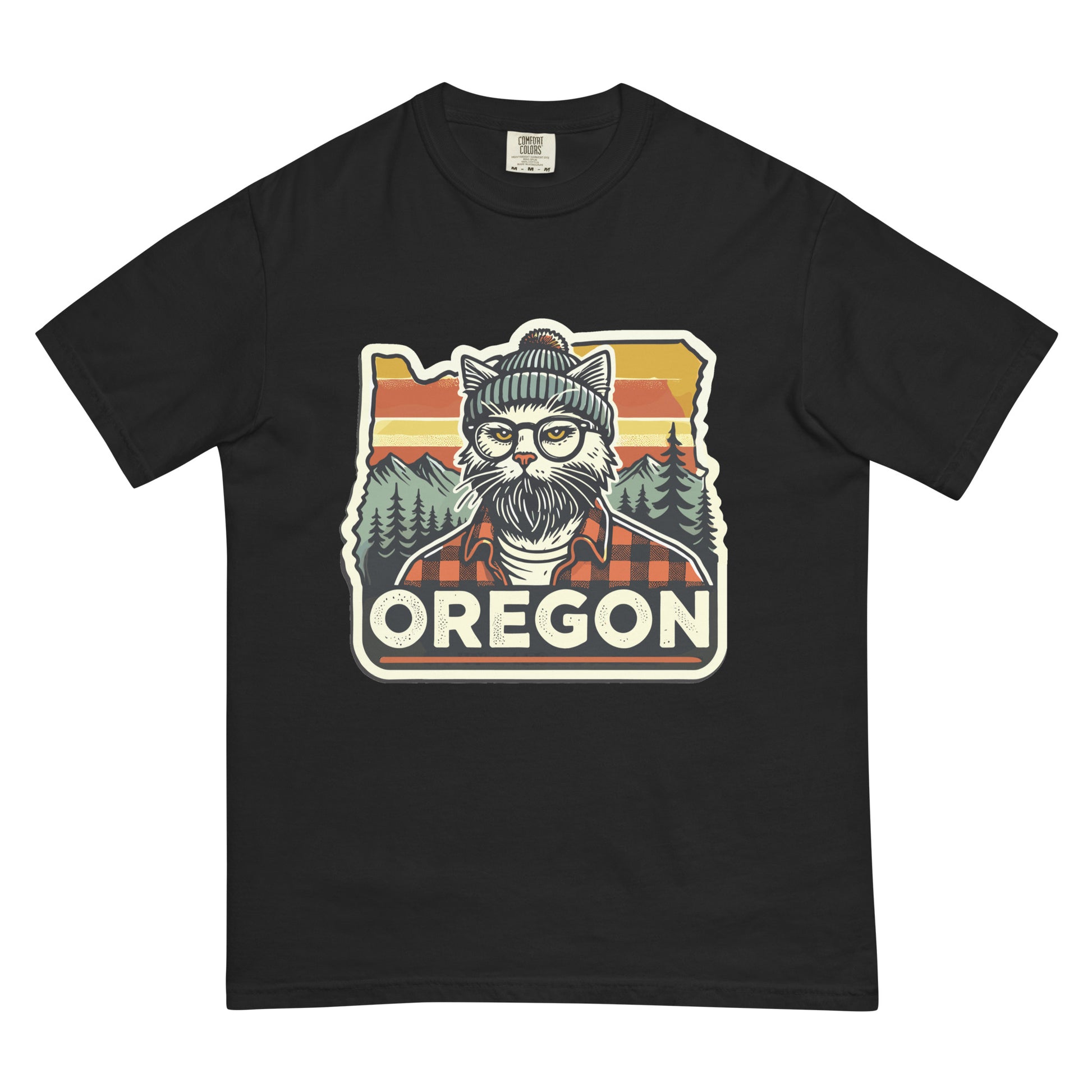 Black Oregon cat t-shirt featuring a hipster cat with glasses and beanie in front of a forest and sunset background