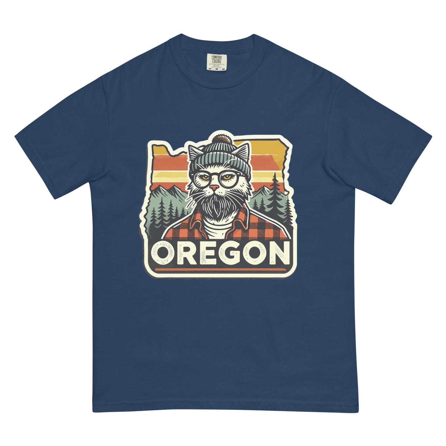 Blue Oregon cat t-shirt featuring a hipster cat with glasses and beanie in front of Oregon state and forest
