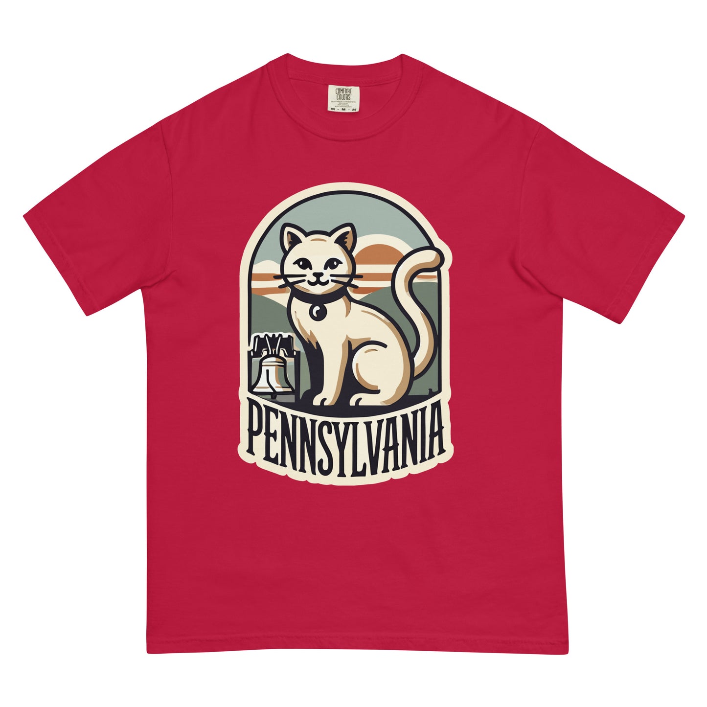 Red Pennsylvania cat t-shirt featuring a cream cat with a bell collar and Liberty Bell graphic