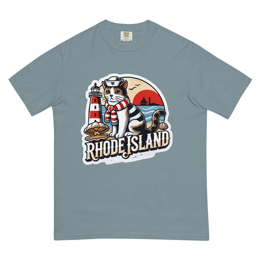 Meowrica Rhode Island cat t-shirt with sailor cat, lighthouse, and ocean sunset design