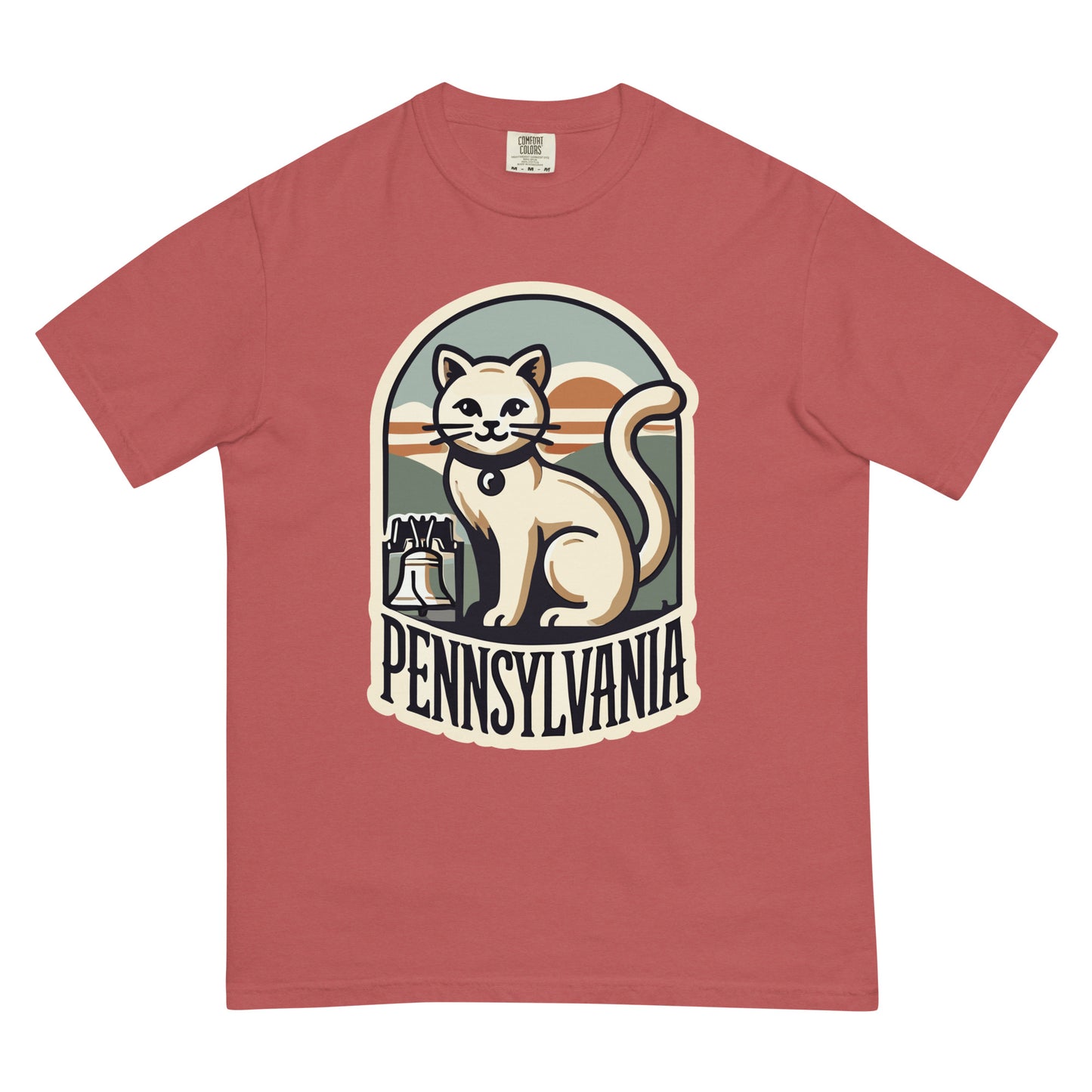 Meowrica Pennsylvania cat t-shirt with white cat and Liberty Bell graphic on red tee