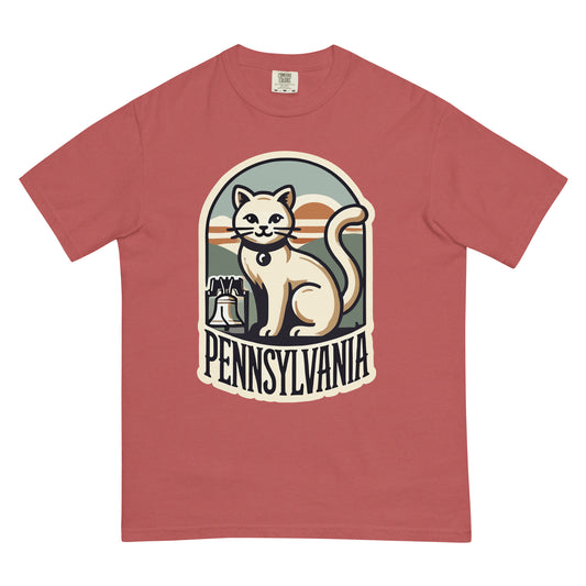 Meowrica Pennsylvania cat t-shirt with white cat and Liberty Bell graphic on red tee