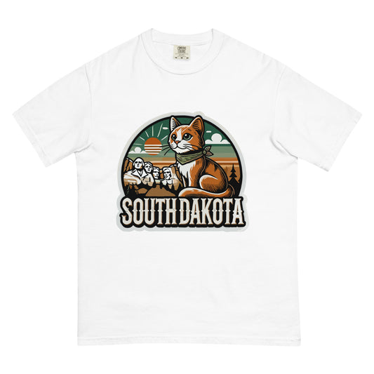 White South Dakota cat t shirt featuring a cat with Mount Rushmore and sunset background