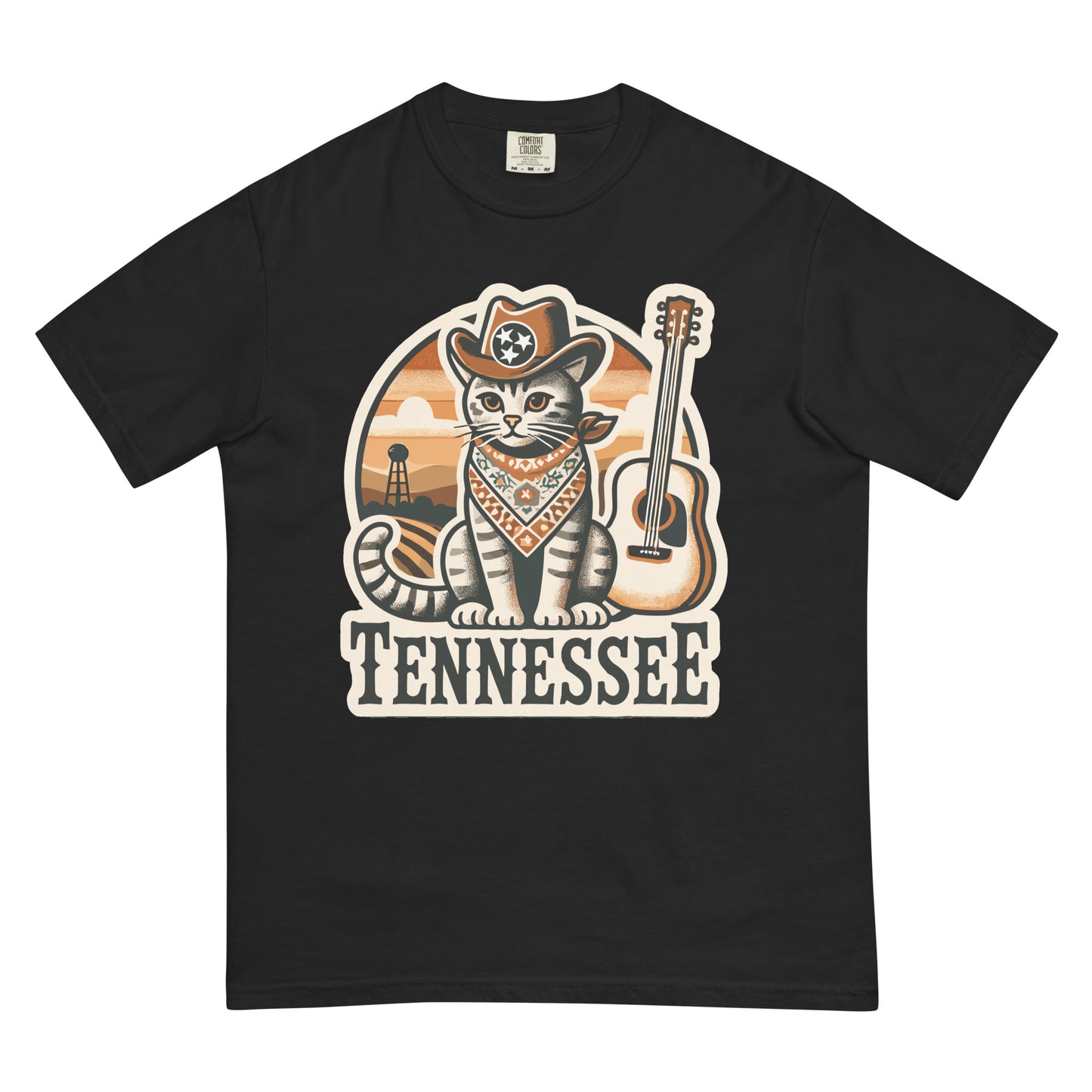 Black t-shirt featuring a Tennessee cat shirt design with a cat wearing a cowboy hat and bandana next to a guitar