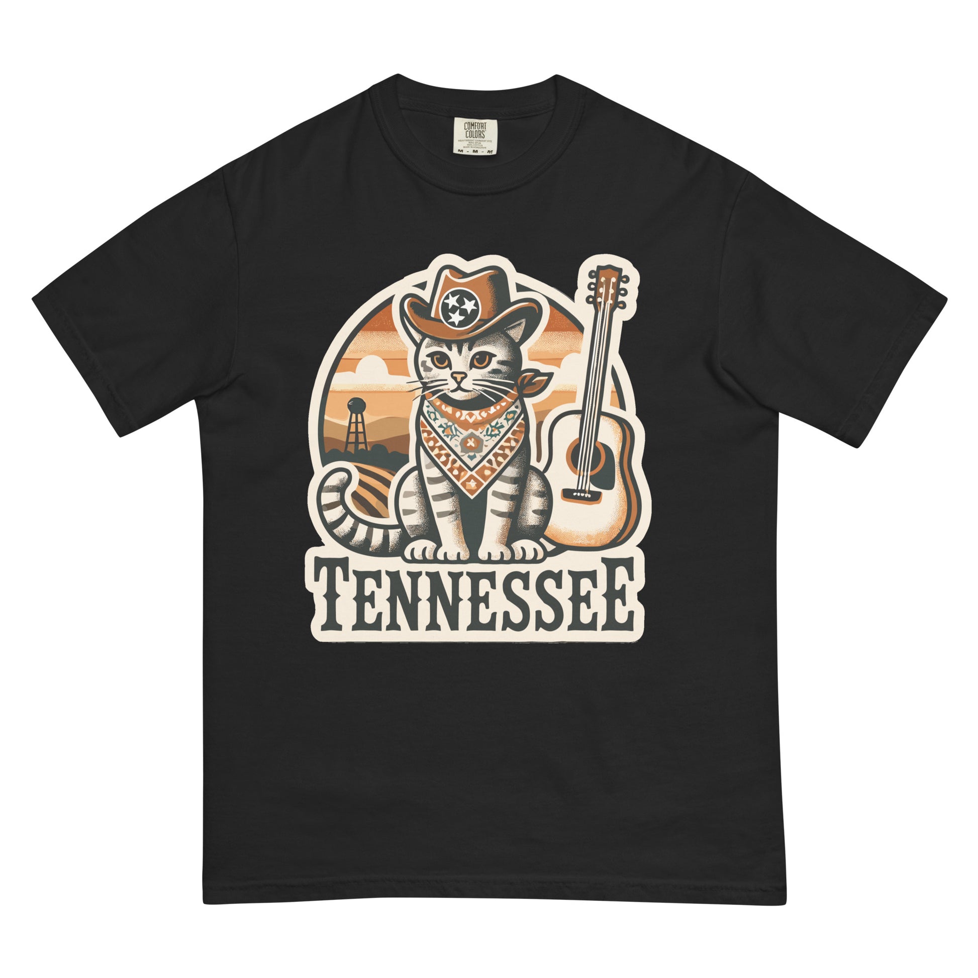 Black t-shirt featuring a Tennessee cat shirt design with a cat wearing a cowboy hat and bandana next to a guitar