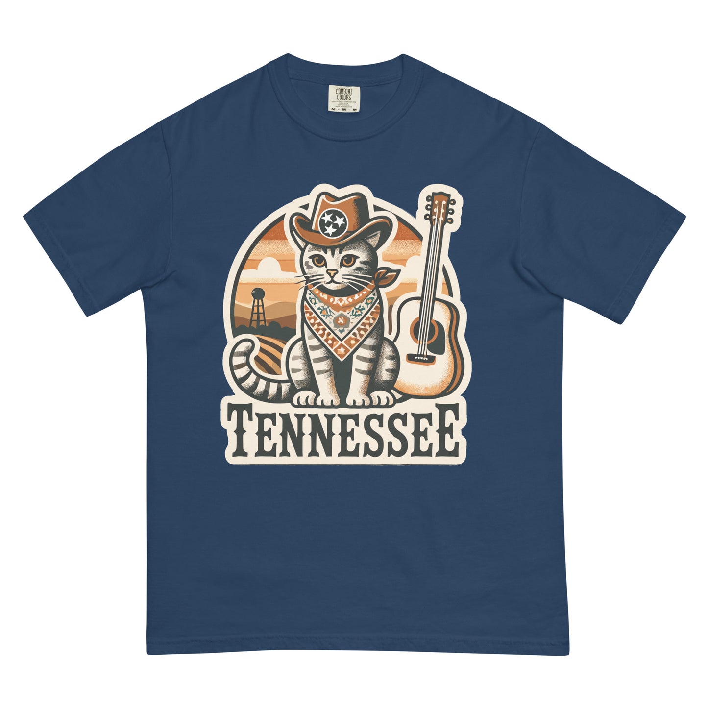 Blue Tennessee cat shirt with cowboy cat, guitar, and vintage sunset design