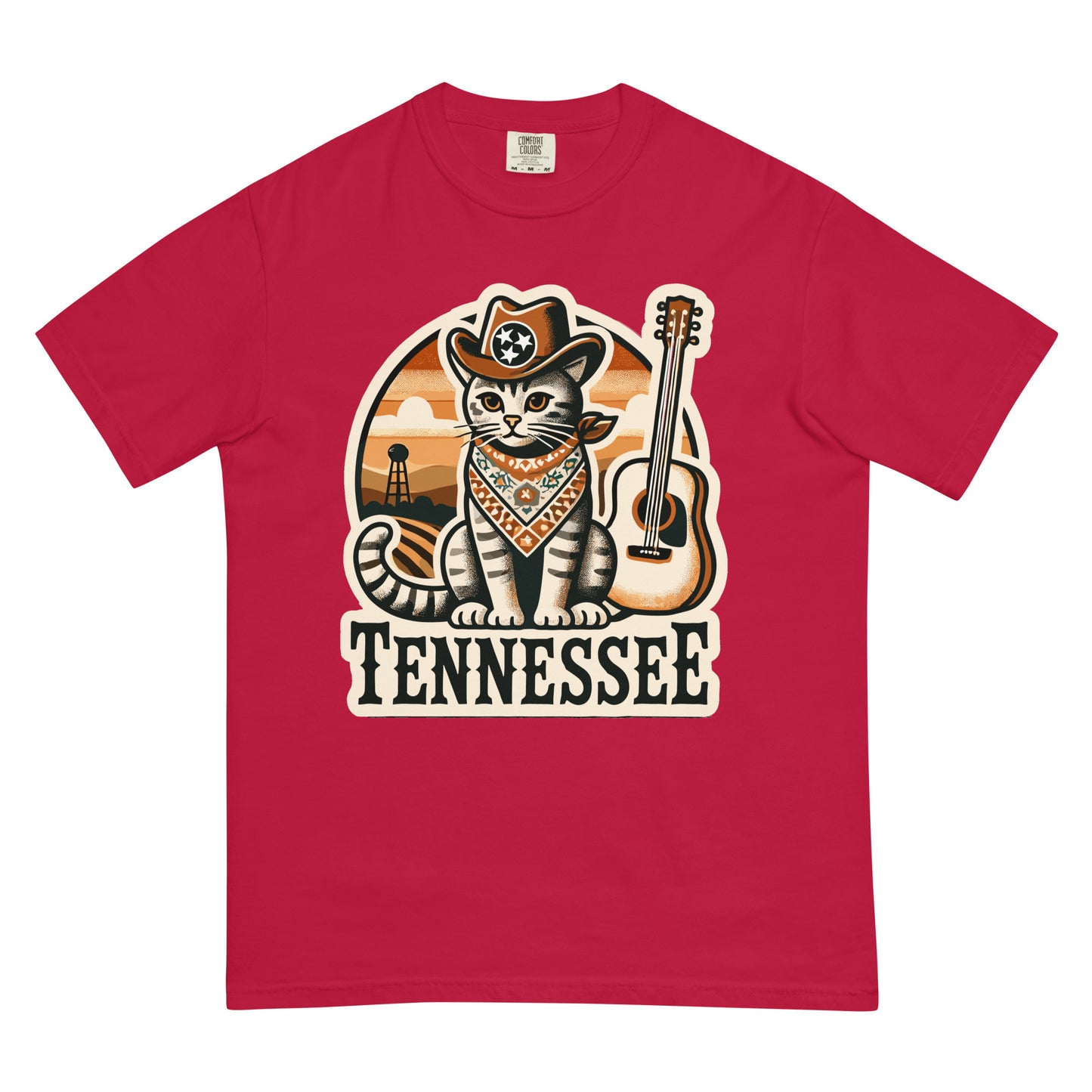 Red Tennessee cat shirt featuring a cowboy cat with a guitar and Tennessee text graphic