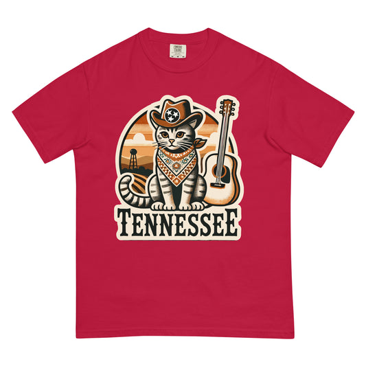 Red Tennessee cat shirt featuring a cowboy cat with a guitar and Tennessee text graphic