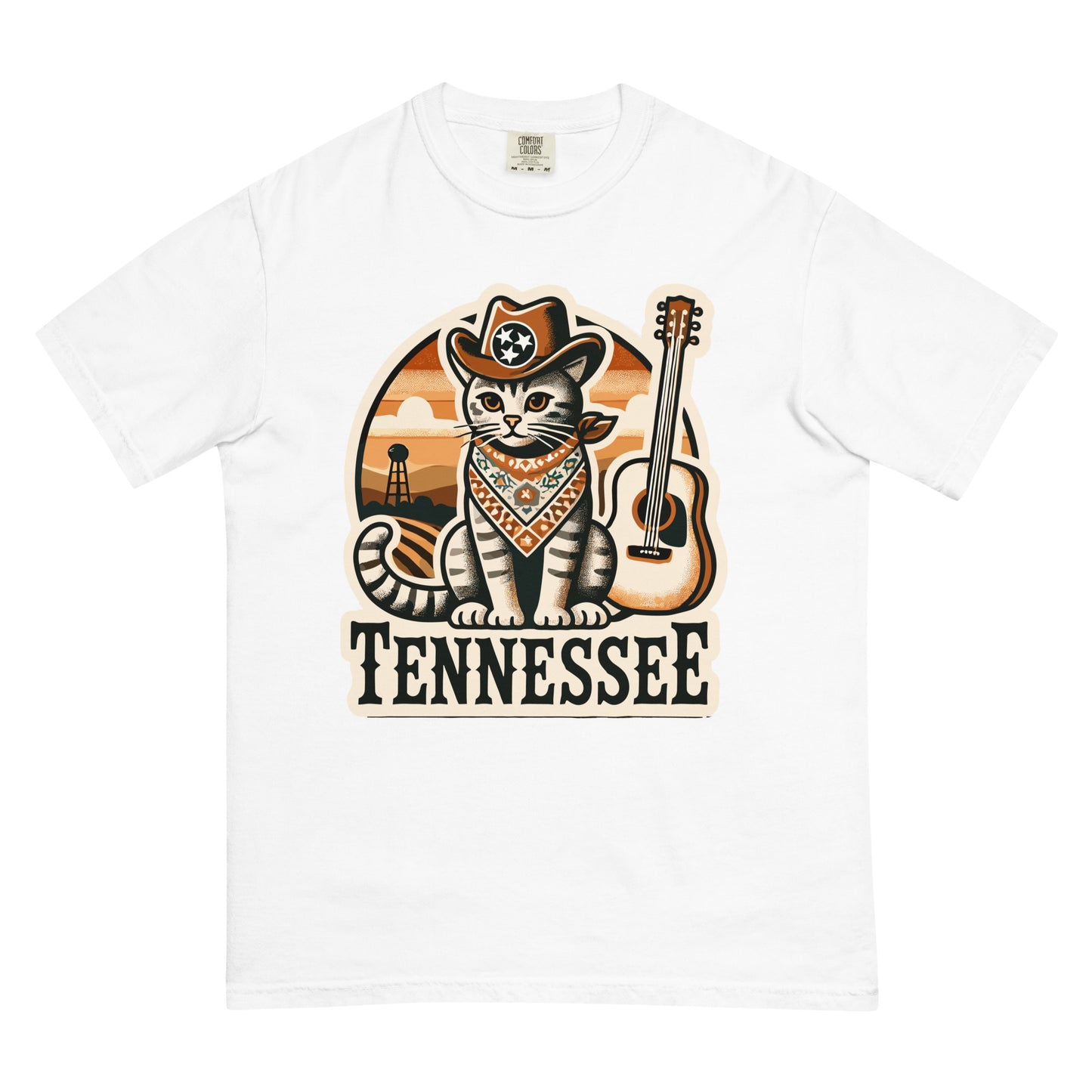 White Tennessee cat shirt featuring a cat in a cowboy hat and bandana with a guitar graphic
