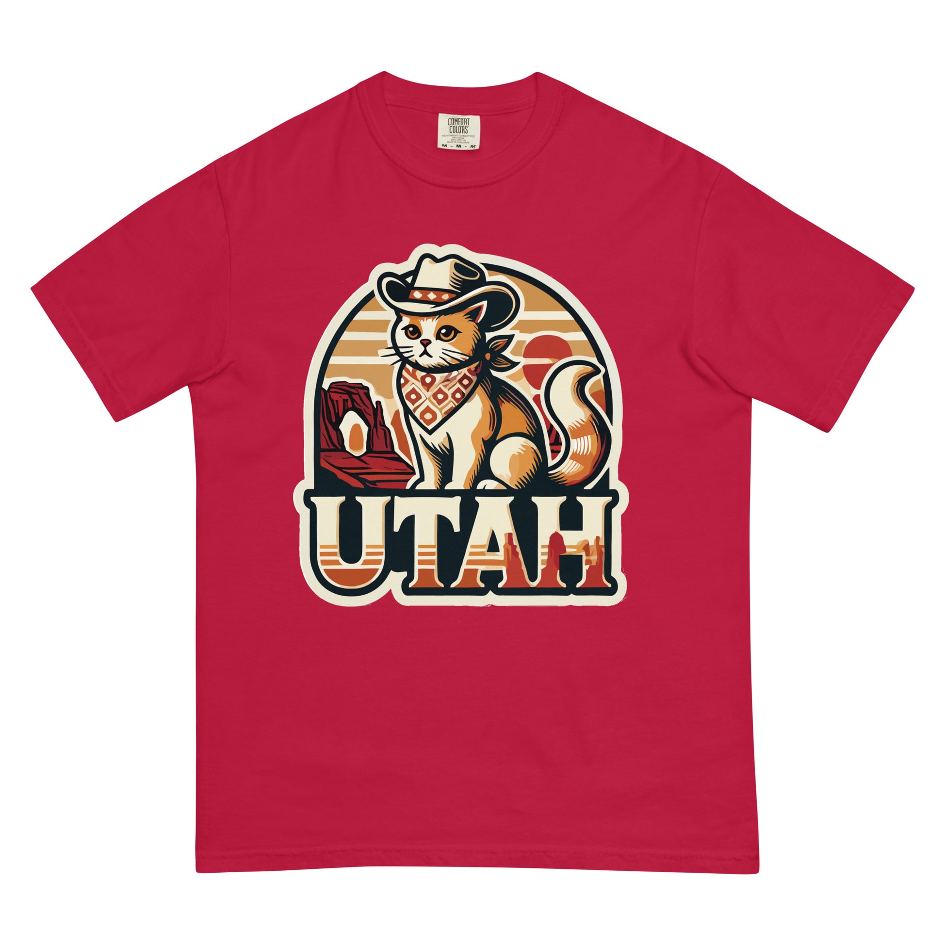 Red Utah cat t-shirt featuring a cat wearing a cowboy hat and bandana with Utah landscape background