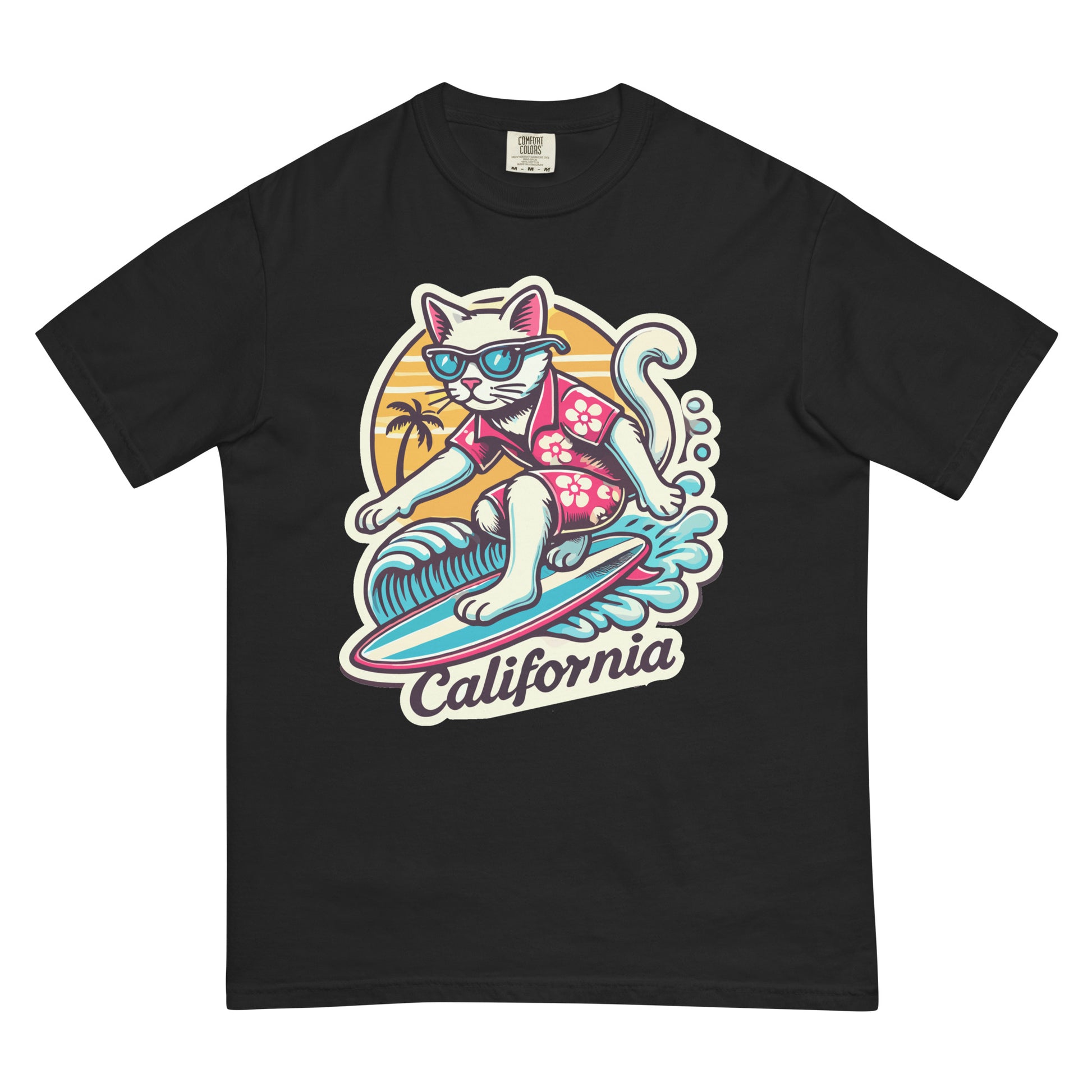 California cat t-shirt with surfing cat wearing sunglasses and Hawaiian shirt on black fabric