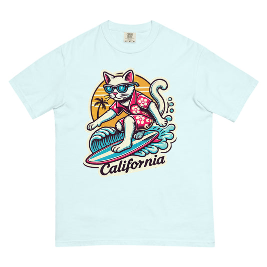 Light blue California cat t-shirt featuring a surfing cat wearing sunglasses and a floral shirt