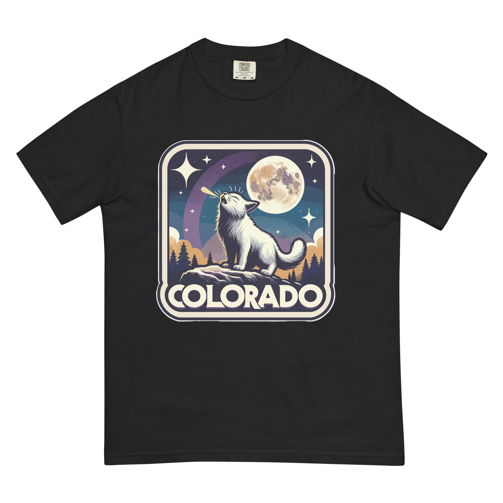 Black Colorado cat t-shirt with graphic of a white cat howling at the moon in a night forest