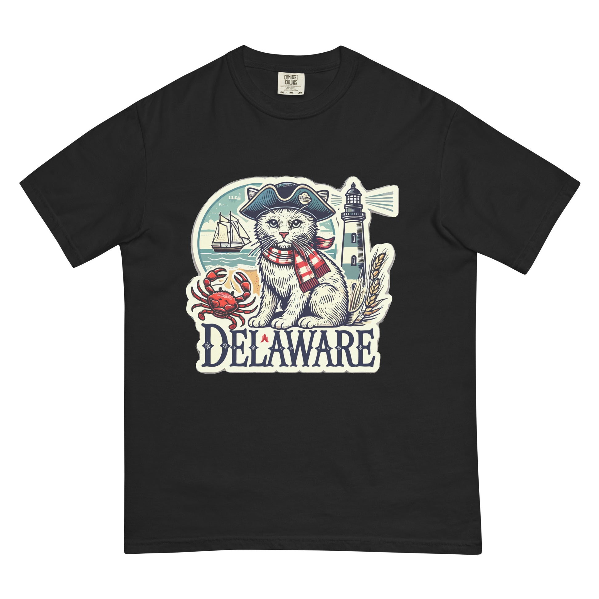 Black Delaware cat t-shirt featuring a cat in a pirate hat with lighthouse and crab design