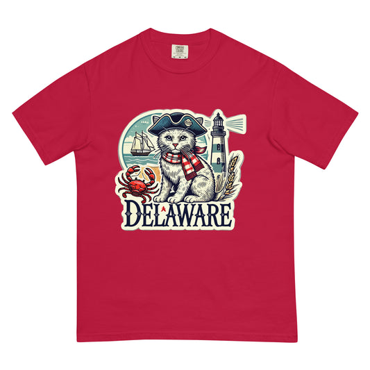Red Delaware cat t-shirt featuring a cat in a pirate hat with lighthouse and crab design