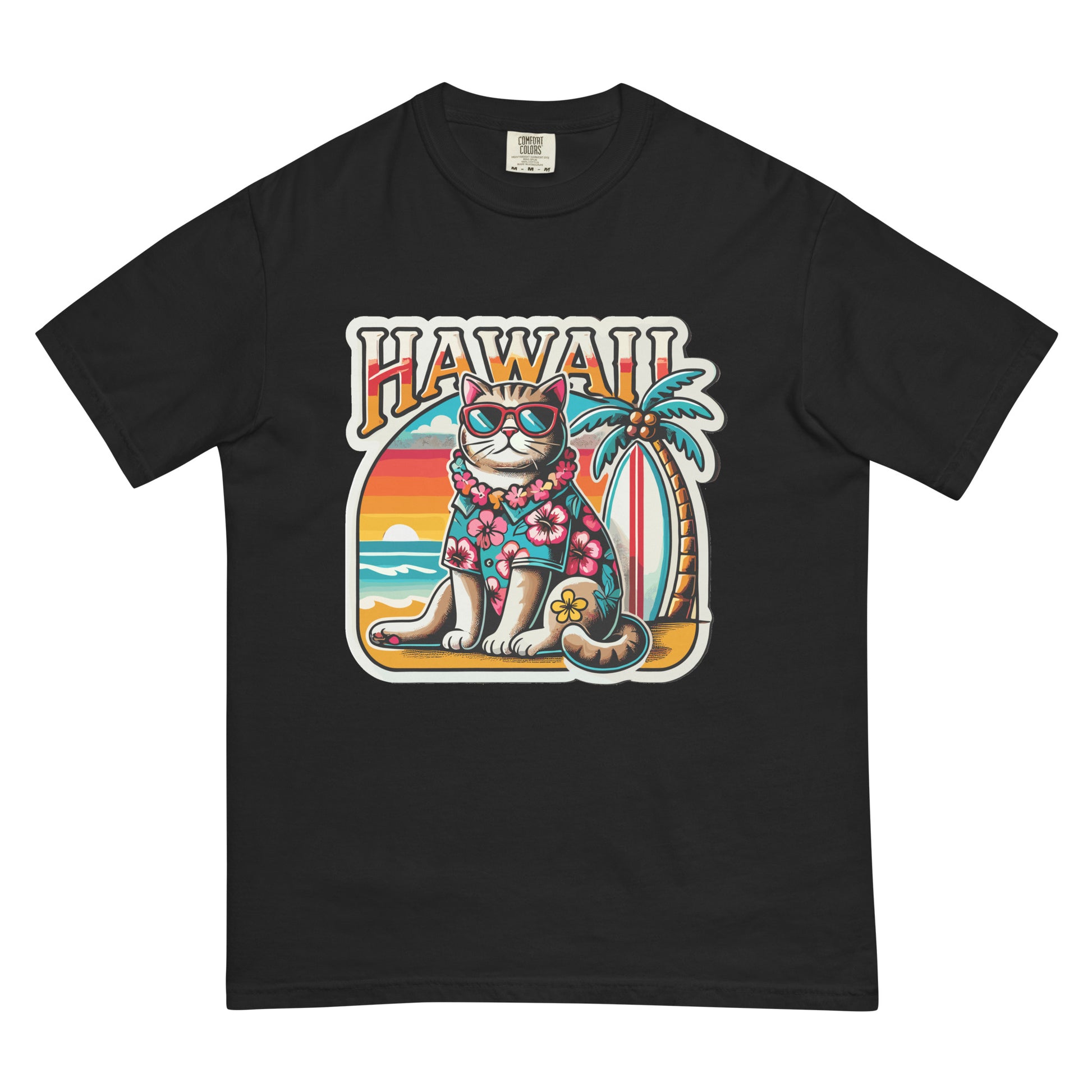 Black Hawaii cat t-shirt featuring a cool cat in sunglasses with a tropical background