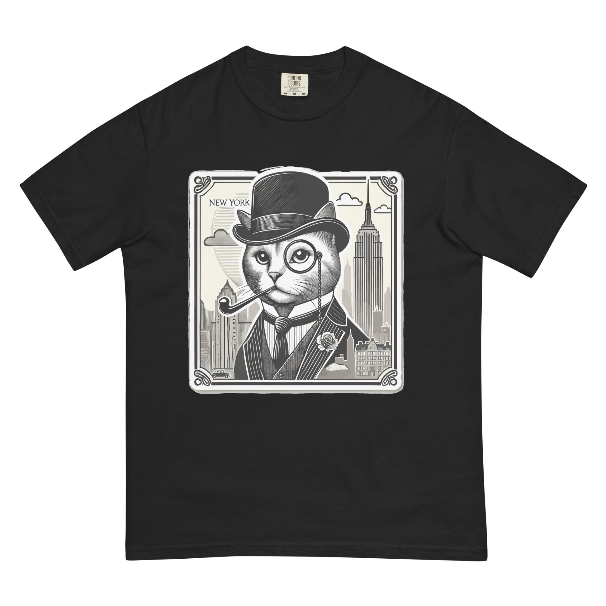 Black New York cat shirt featuring a stylish cat with a monocle and pipe in a vintage cityscape