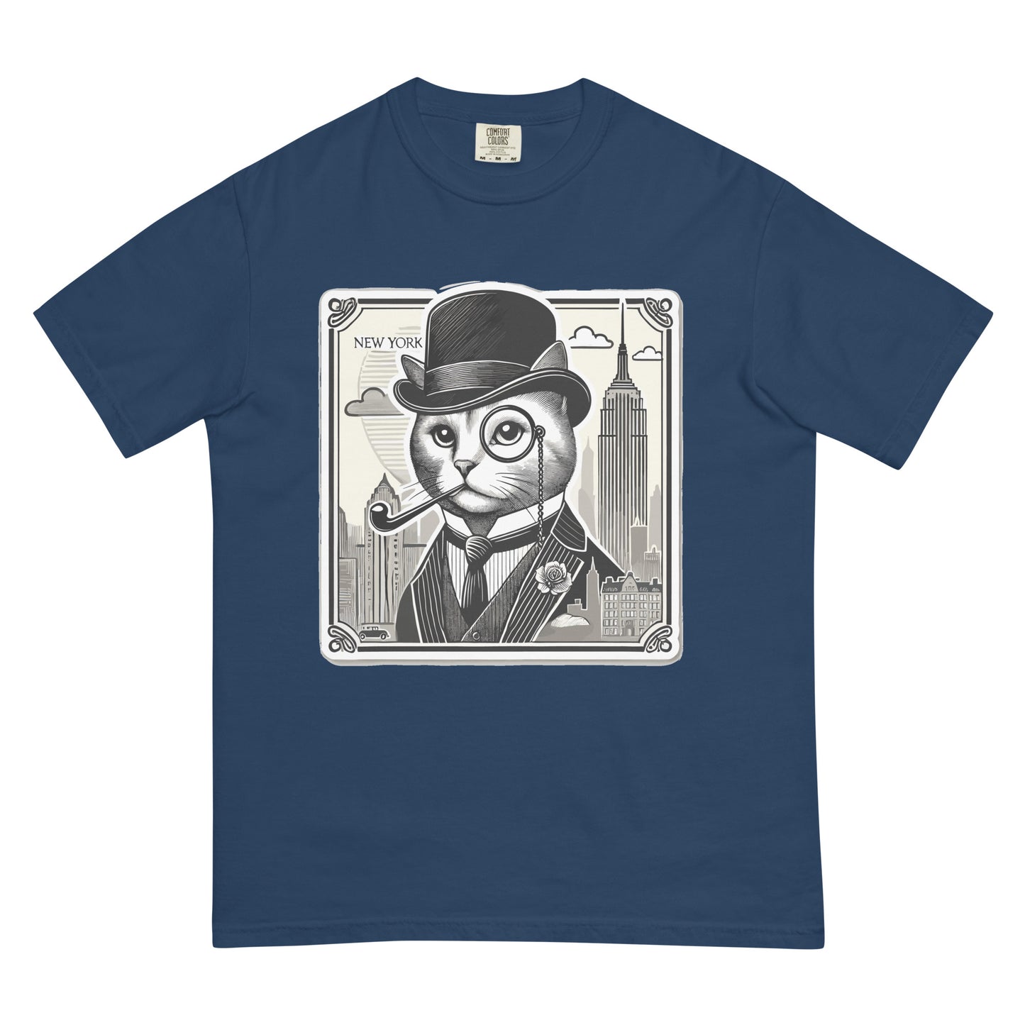 Blue New York cat shirt featuring a vintage cat illustration wearing a suit and monocle with city skyline