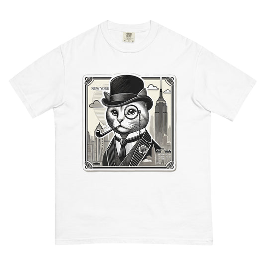 White New York cat shirt with vintage style cat wearing a top hat and monocle in front of city skyline