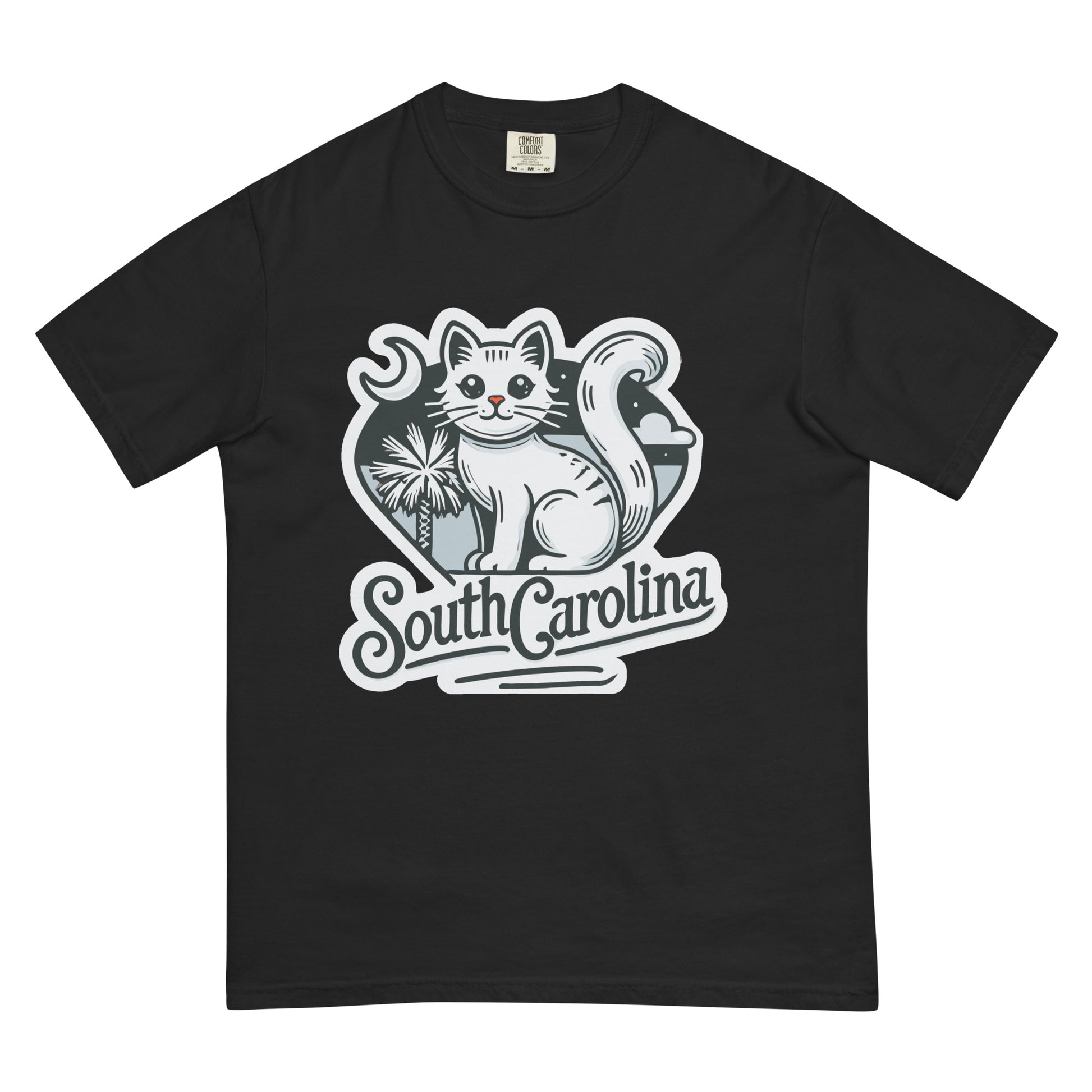 Black South Carolina cat shirt with white cat and state-themed graphic design
