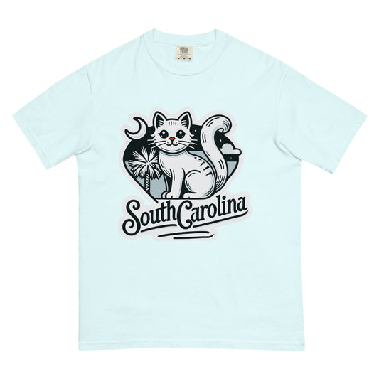 Light blue South Carolina cat shirt featuring a black and white cat with crescent moon and palmetto tree design