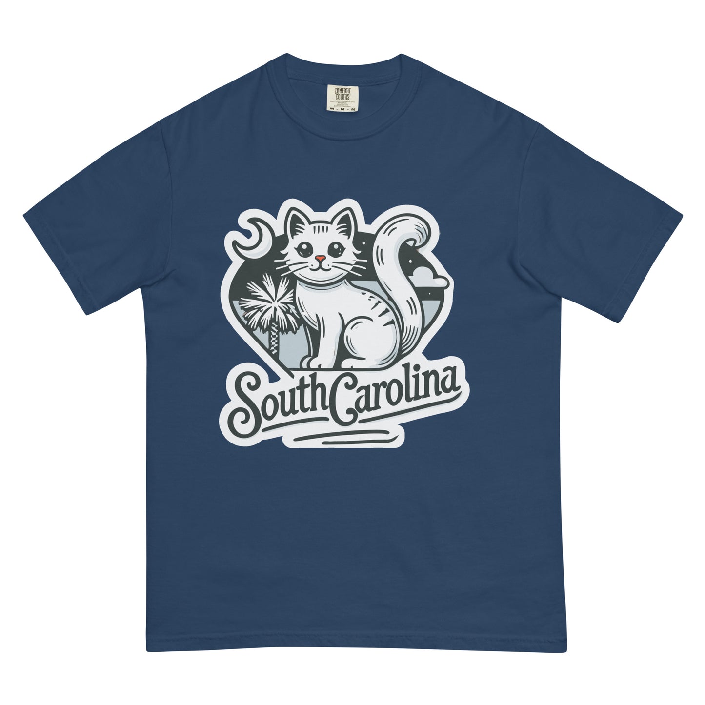 Blue South Carolina cat shirt featuring a white cat with moon and palm tree graphic
