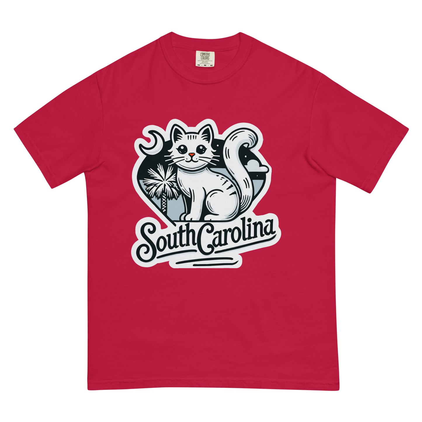Red South Carolina cat shirt featuring a cute cat with crescent moon and palmetto tree design