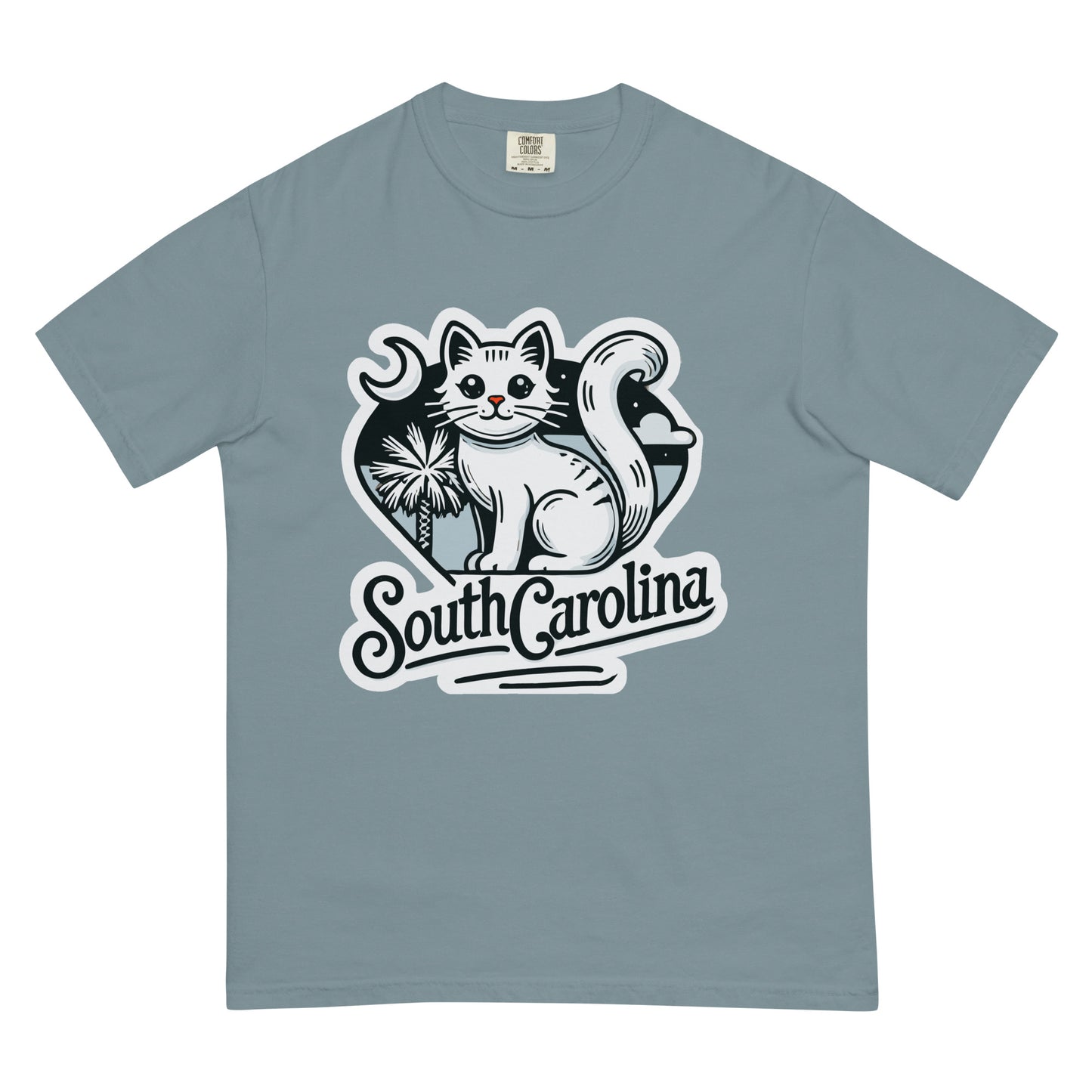 Gray t-shirt with South Carolina cat shirt design featuring a cat, crescent moon, palmetto tree, and South Carolina text