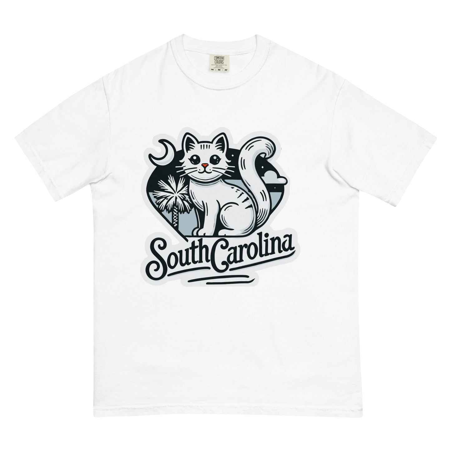 White South Carolina cat shirt featuring a black and white cat with palm trees and crescent moon graphic