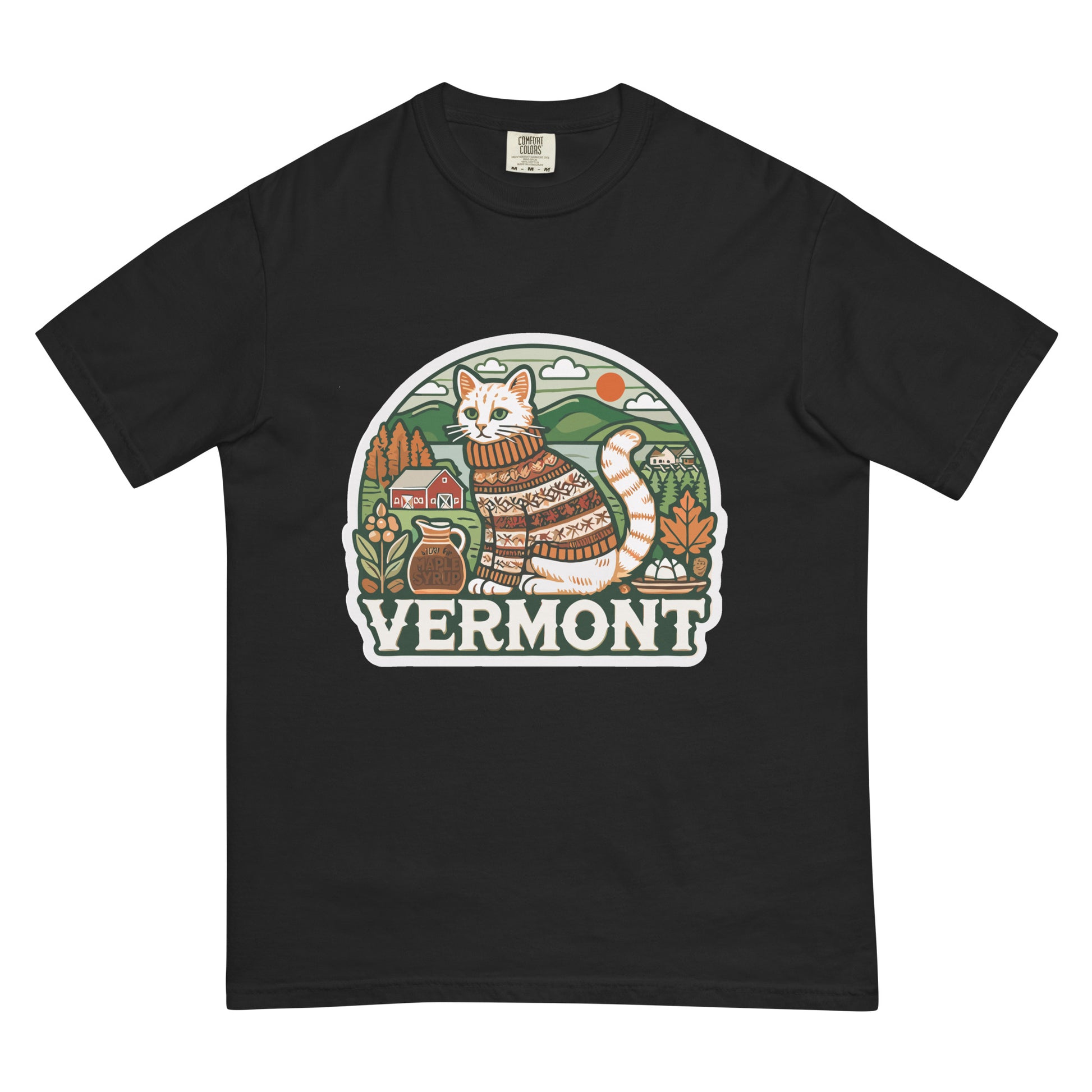 Black Vermont cat t-shirt featuring a cat in a sweater with Vermont scenery and text