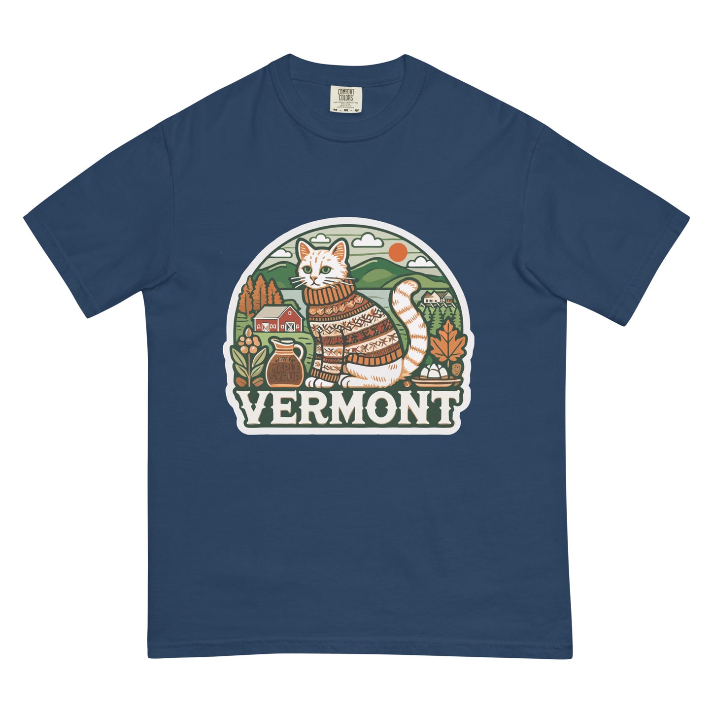 Navy Vermont cat t-shirt featuring a white cat in a sweater with Vermont scenery and text
