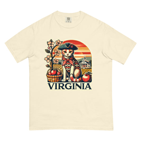 Cream Virginia cat t-shirt featuring a cat in a colonial hat with apples and flowers