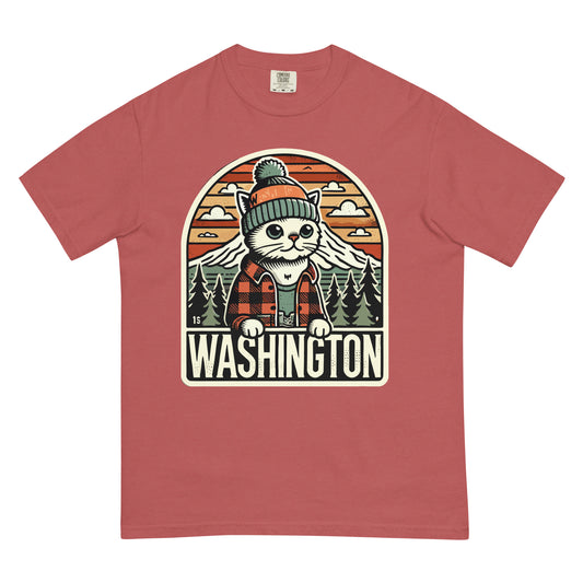 Washington cat t-shirt in red featuring a cat wearing a beanie and flannel with mountain and forest background