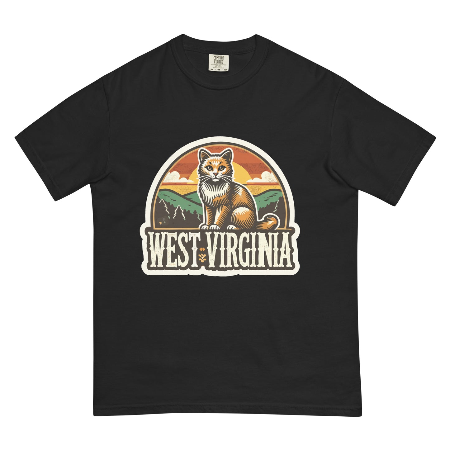 Black West Virginia cat shirt featuring a vintage-style cat and mountain design by meowrica