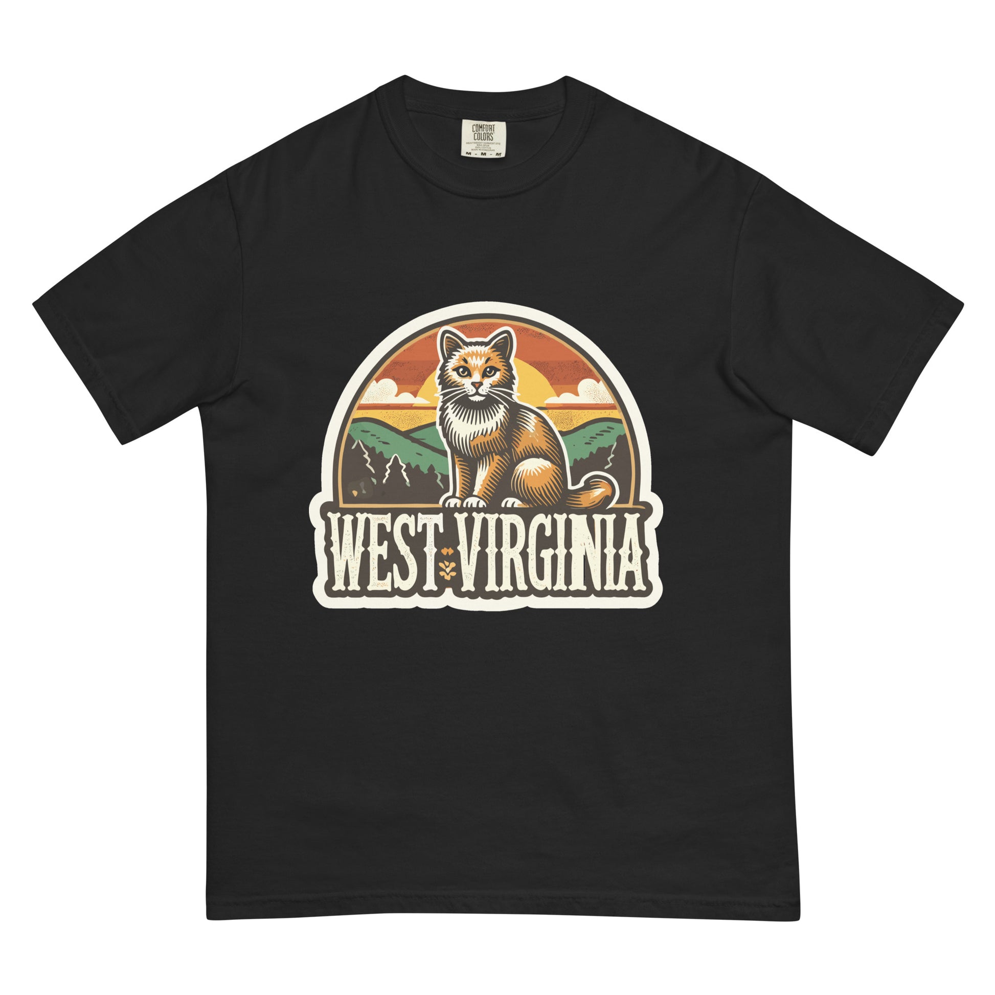Black West Virginia cat shirt featuring a vintage-style cat and mountain design by meowrica