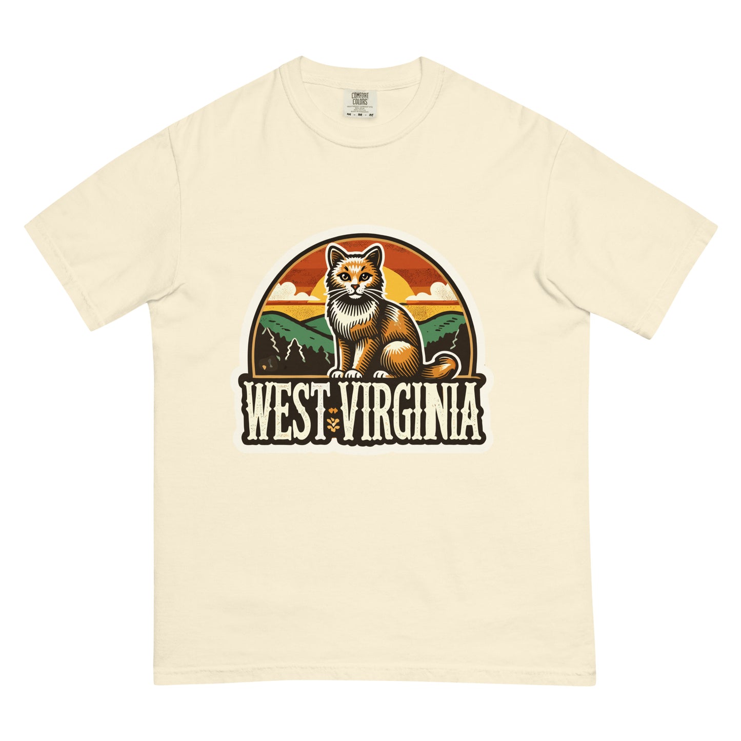 Meowrica West Virginia cat shirt featuring a cat illustration with sunset and mountain background