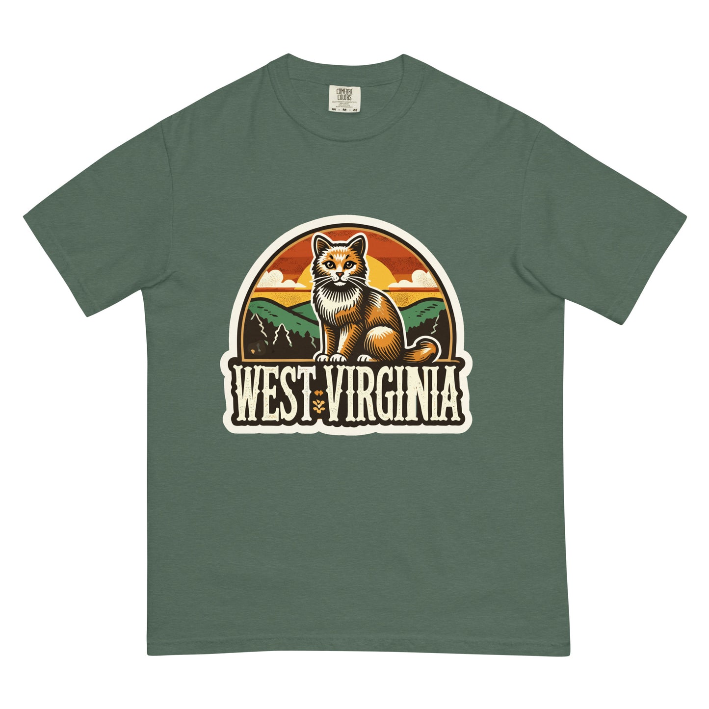 West Virginia cat shirt with vintage sunset and mountain design on green fabric by meowrica