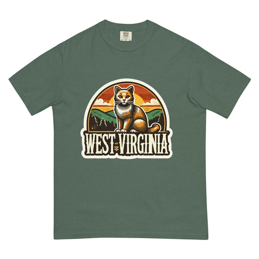 West Virginia cat shirt with vintage sunset and mountain design on green fabric by meowrica
