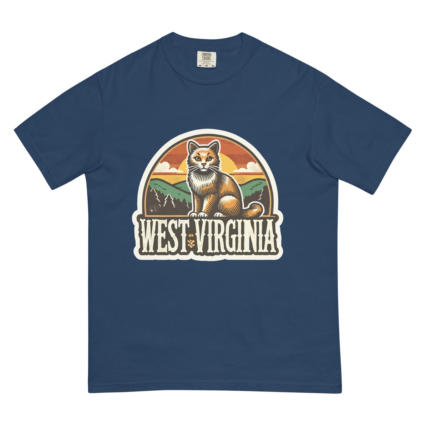 Blue West Virginia cat shirt featuring a vintage-style cat graphic with mountain background