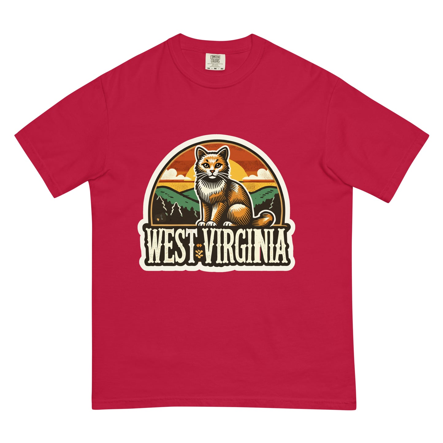 Red West Virginia cat shirt featuring a sitting cat with mountain and sunset background graphic