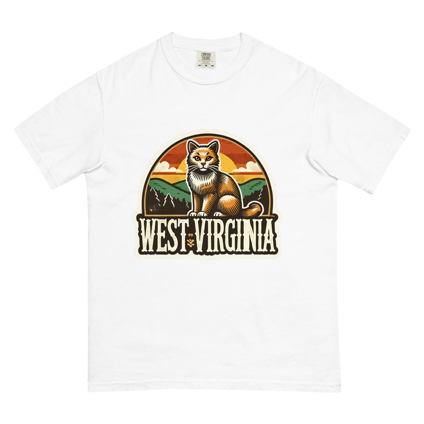 White t-shirt featuring a West Virginia cat shirt design with a cat and mountain landscape